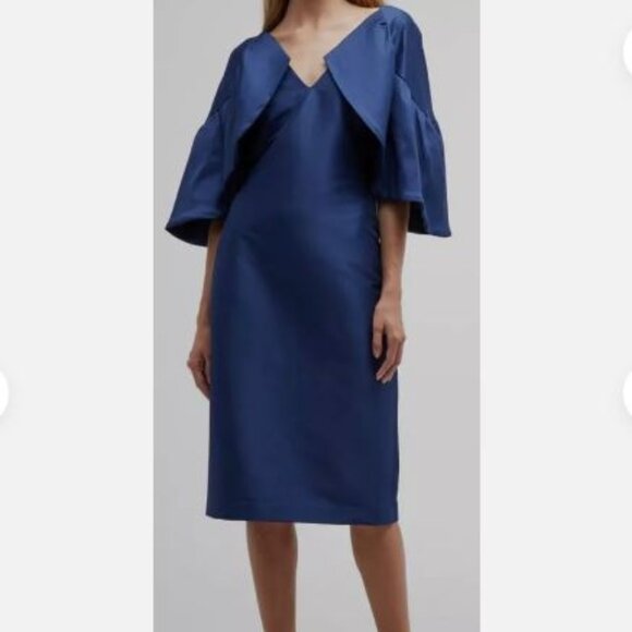 Badgley Mischka Silky Navy Dress with Ruffled Drama Sleeves - Picture 1 of 15